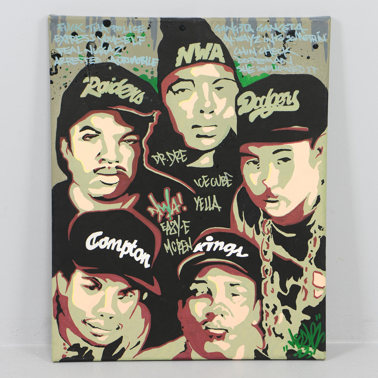 MEZR (JONAS FINNZE). Drs. Dre/Ice Cube/Yella/Easy-E/Mcren, graffiti on canvas.