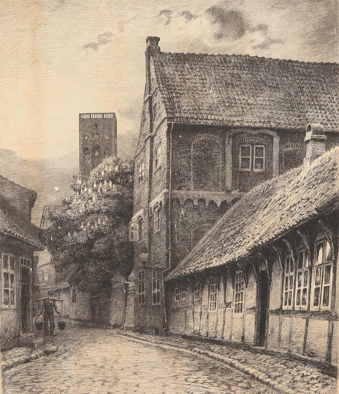 Ætsning, „Det gamle bispesæde i Ribe“, usigneret, Danmark, 1903.