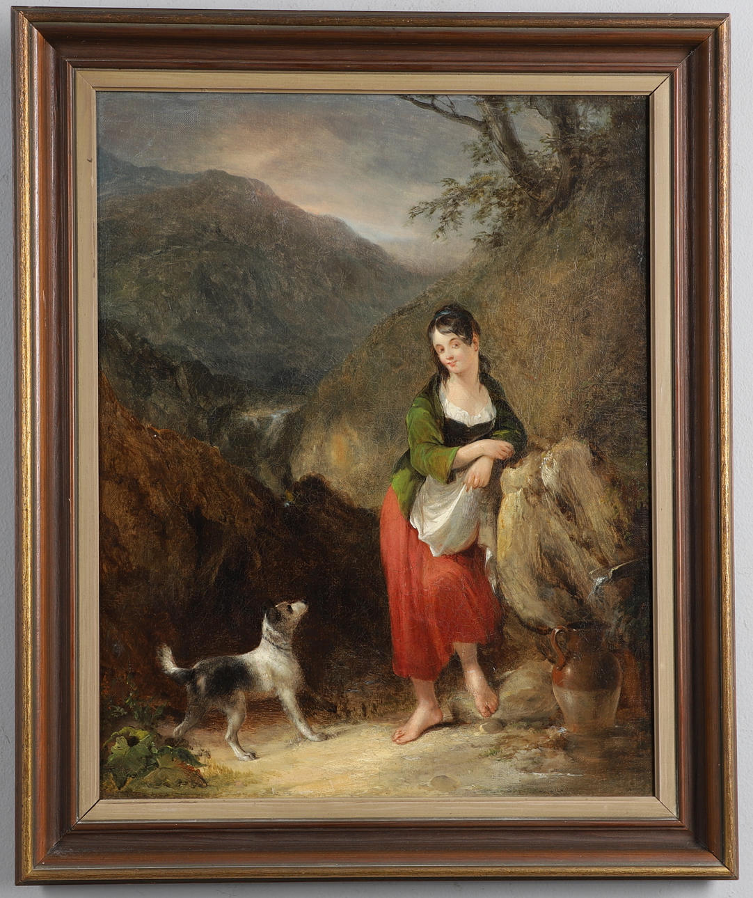 WILLIAM SHAYER (1787-1879). COUNTRY GIRL WITH HER DOG AT A SPRING.