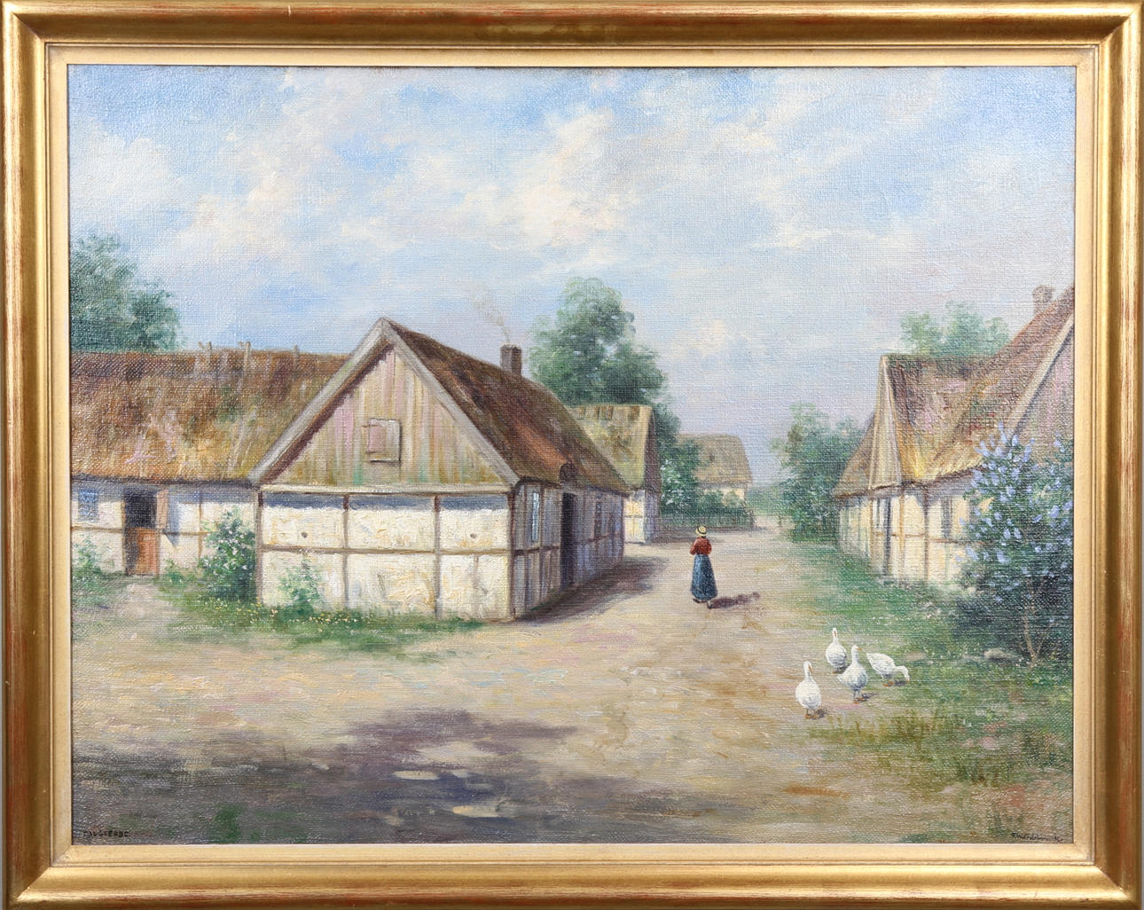 FRANS WILHELM ODELMARK. Gårdsmiljö med kvinna och gäss, "Falsterbo". Olja på duk. Signerad.