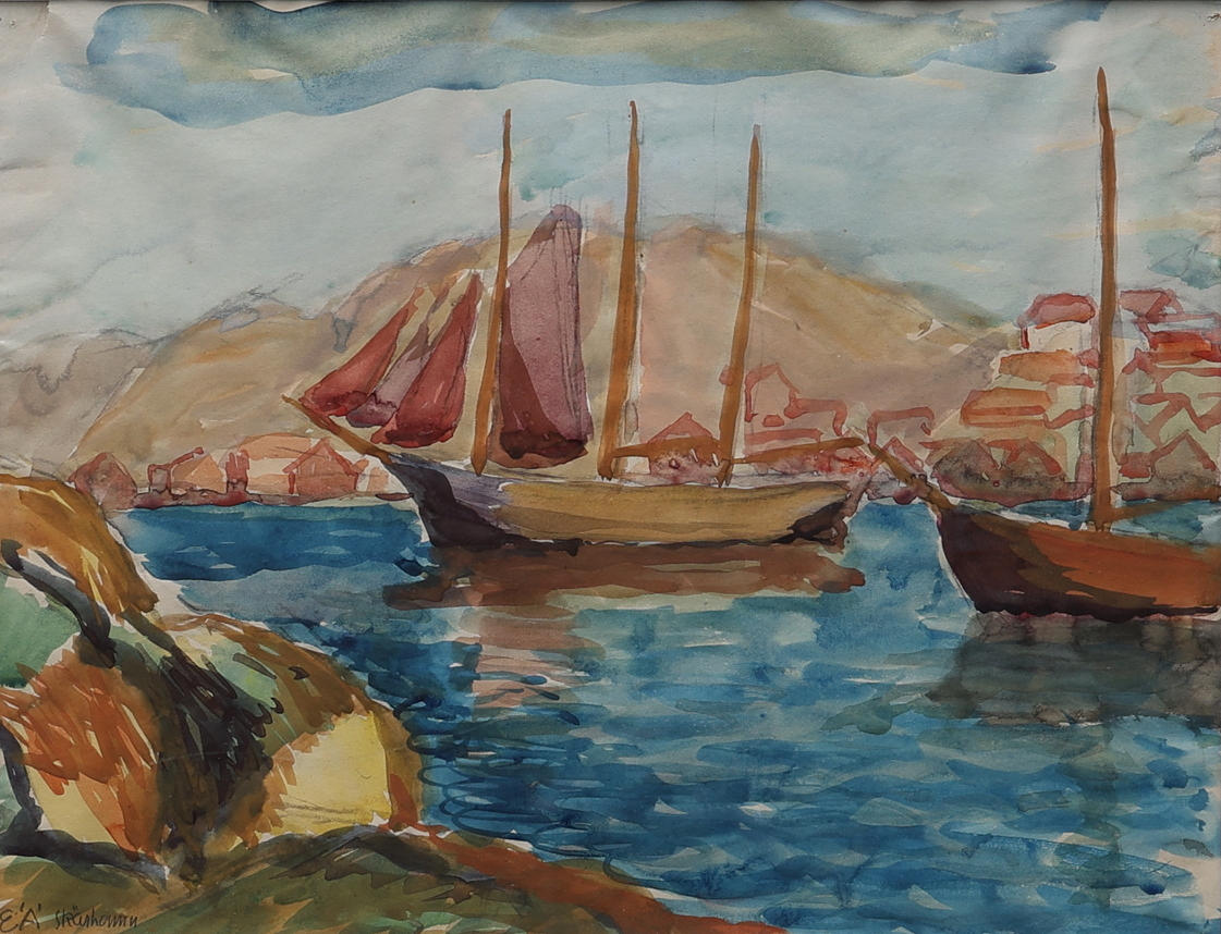 ERLING ÄRLINGSSON. akvarell,"Skärhamn", monogramsignerad E.Ä.