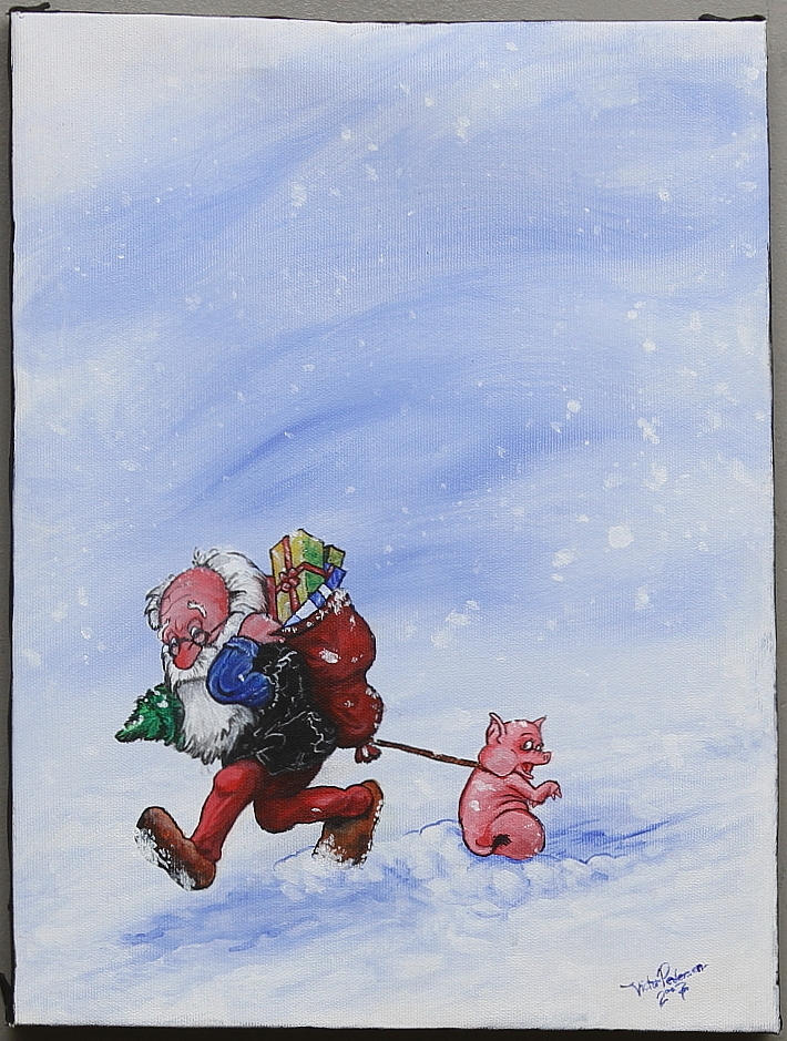 VIKTOR PEDERSEN. "Försenad jultomte". Olja på duk, signerad och daterad 2007.