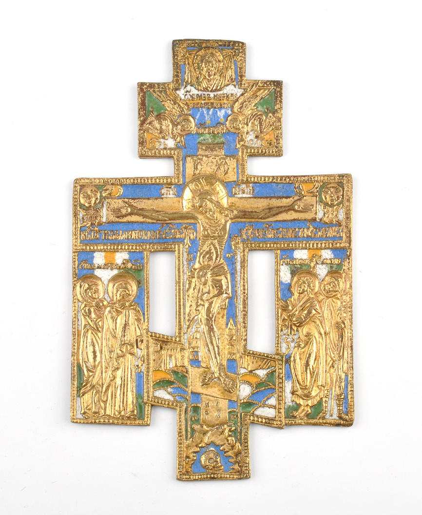 ERWEITERTES RUSSISCHES HAUSKREUZ. Brons och emalj Korsfästelse scen av Jesus Kristus på Golgata.