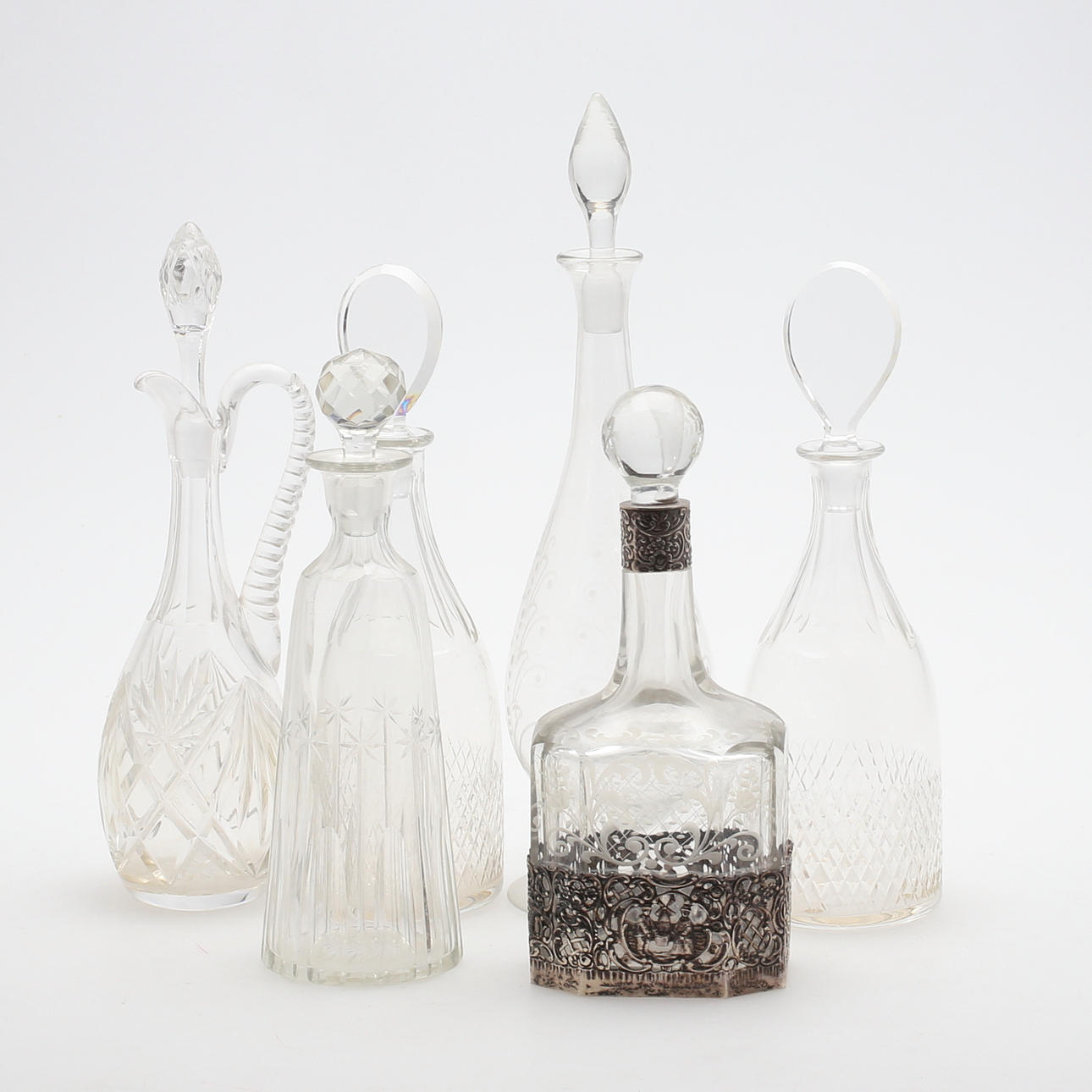 KARAFFER, 6 st, glas/silver, 18-1900-tal.