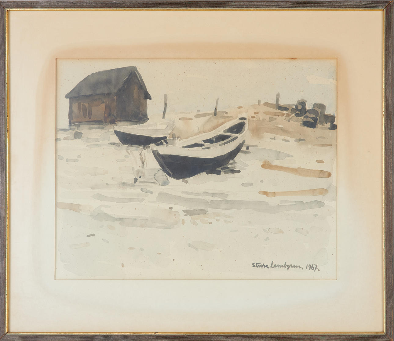 STURE LINDGREN. Echors on beach, watercolour, signed and dated 1967.