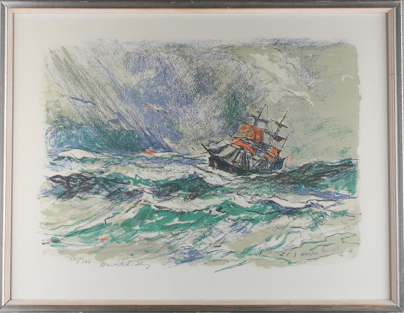 HARALD LINDBERG. "I Norska Havet", färglitografi, signerad samt numrerad 275/360.