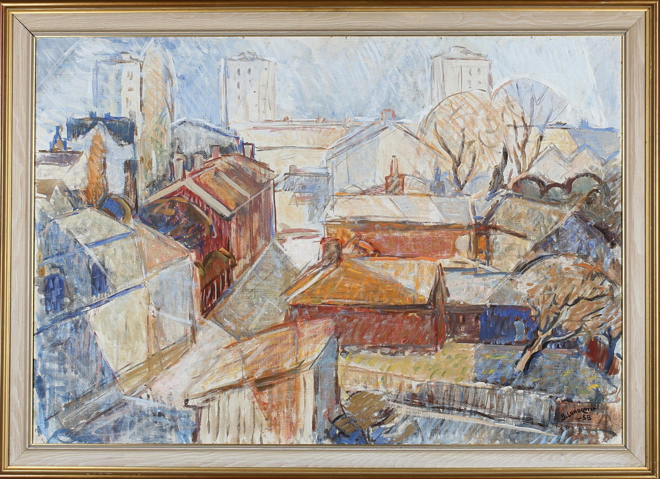 BERTIL LUNDQVIST. Husbyggnader, Gävle, olja på duk, signerad samt daterad -58.