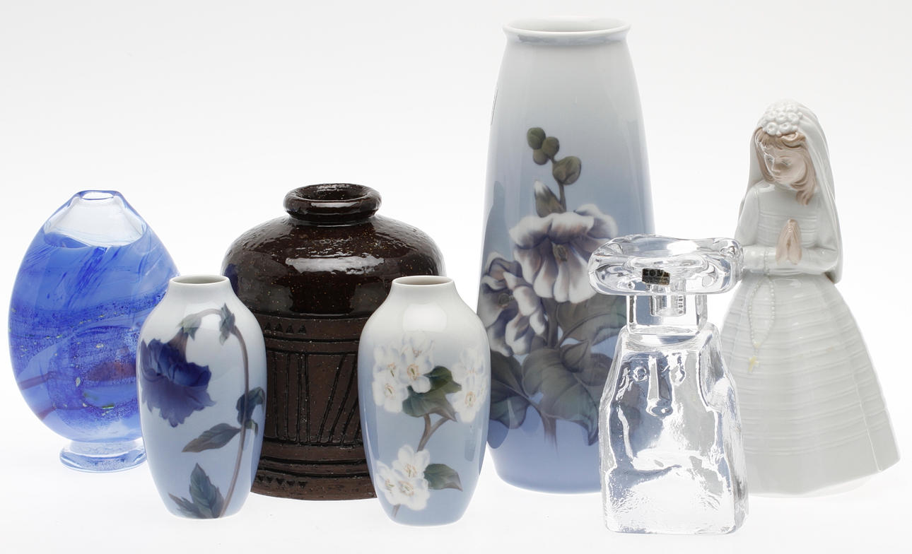 KERAMIK och GLAS, 7 delar, bl.a. Royal Copenhagen, Rörstrand, Erik Höglund.