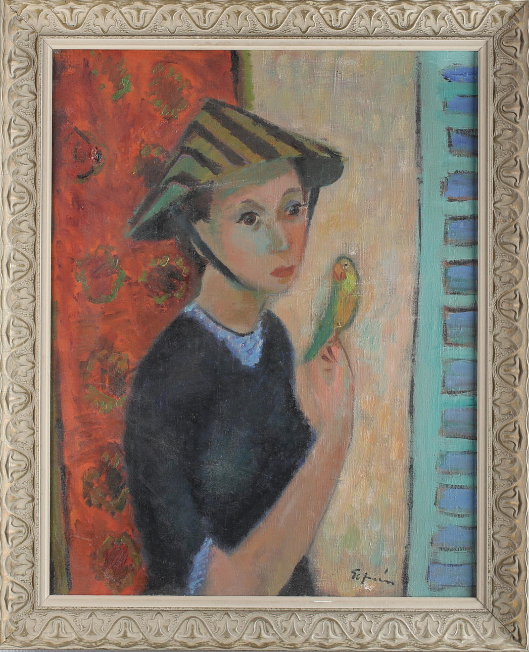 ERIK ELFVÉN. Kvinna med papegoja, olja på duk, signerad.