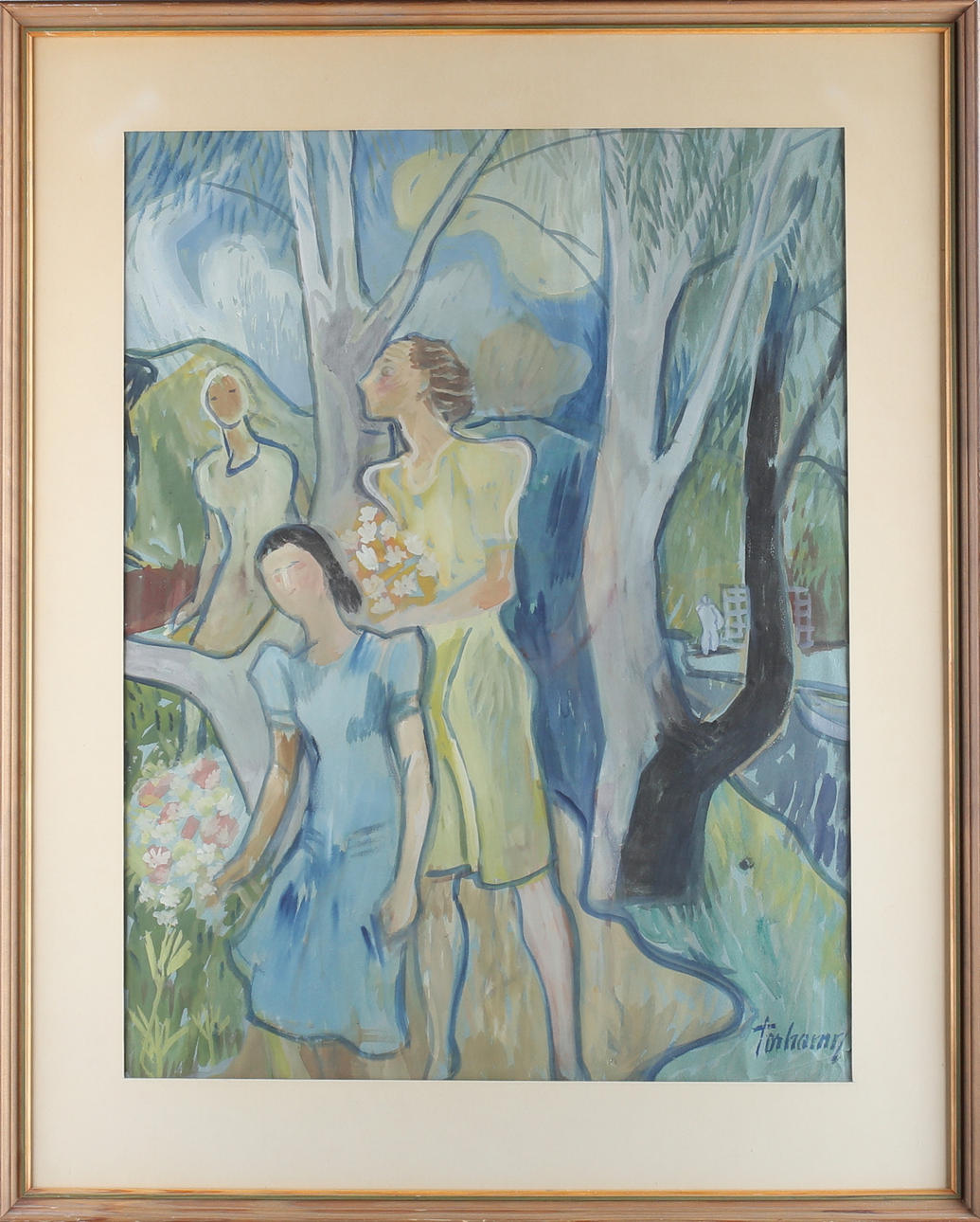 GUNNAR TORHAMN. Damer i parken, akvarell, signerad.