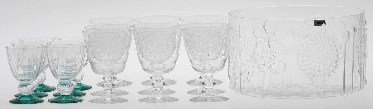 GLAS, 16 delar, VINGLAS, 9 st, "Elon", Kosta, GLAS, 6 st, Kosta Boda, SKÅL, Nuutajärvi.