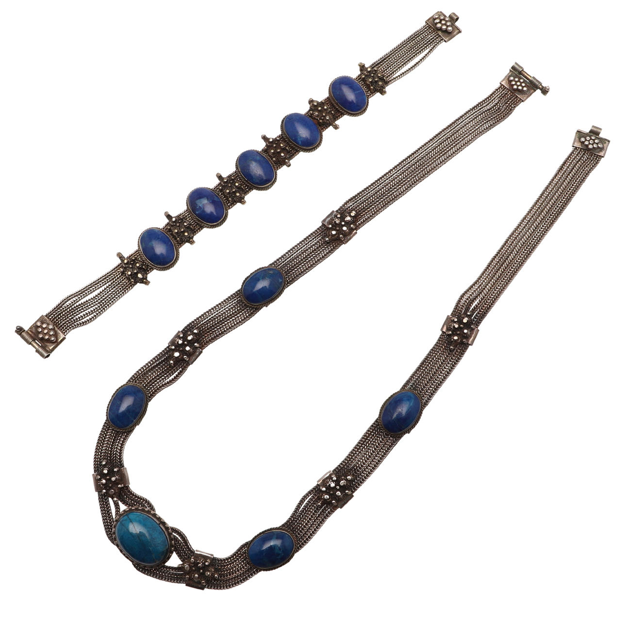HALSBAND OCH ARMBAND, SILVER OCH LAPIS LAZULI.
