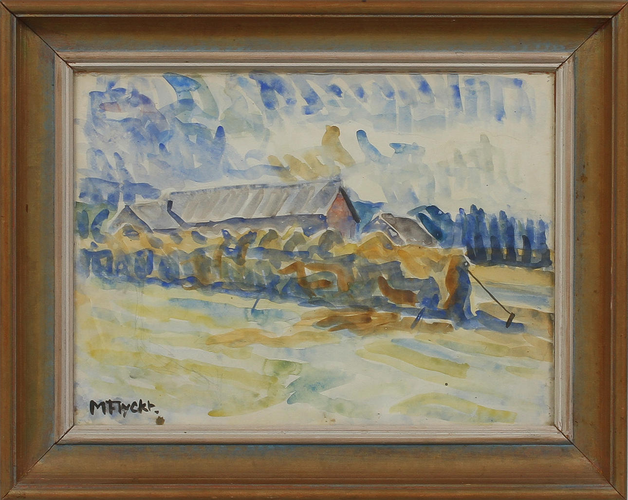 MANFRED FLYCKT. Landskap med gård, akvarell, signerad.