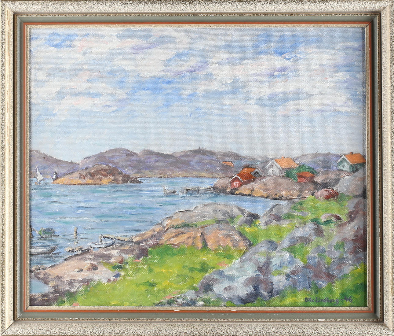 OLLE LINDBERG. "Limhall-Kyrkesund", olja på pannå, signerad.