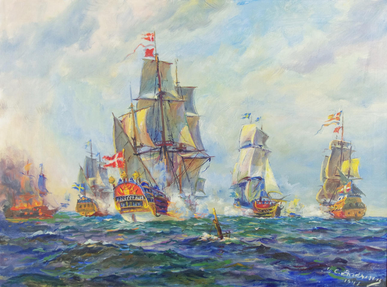 JENS CHRISTIAN ANDRESEN. Sjöslaget i Kögebukt, olja på duk, signerad J.C. Andresen 1941.