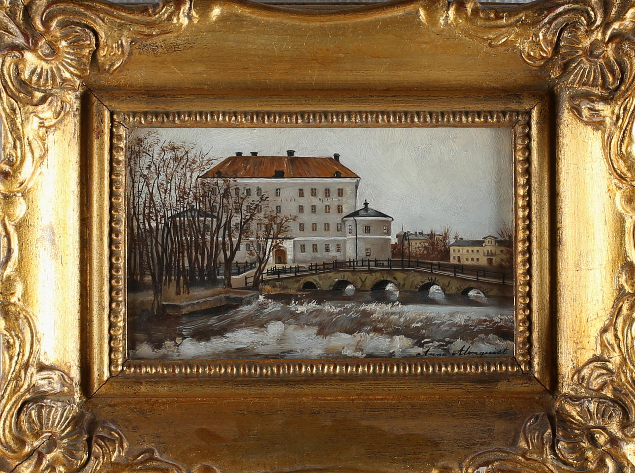 ANNA ALMQVIST. "Örebro slott", olja på pannå, signerad.