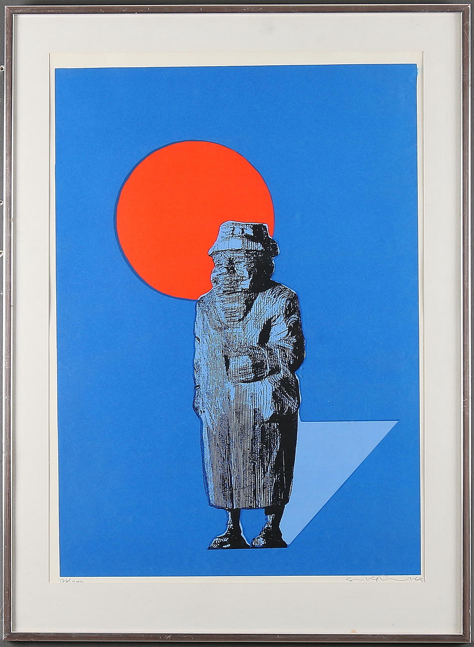 SVEN INGE HÖGLUND DEMONÉR. Blå man och röd måne, färglitografi, signerad och numrerad 176/250.