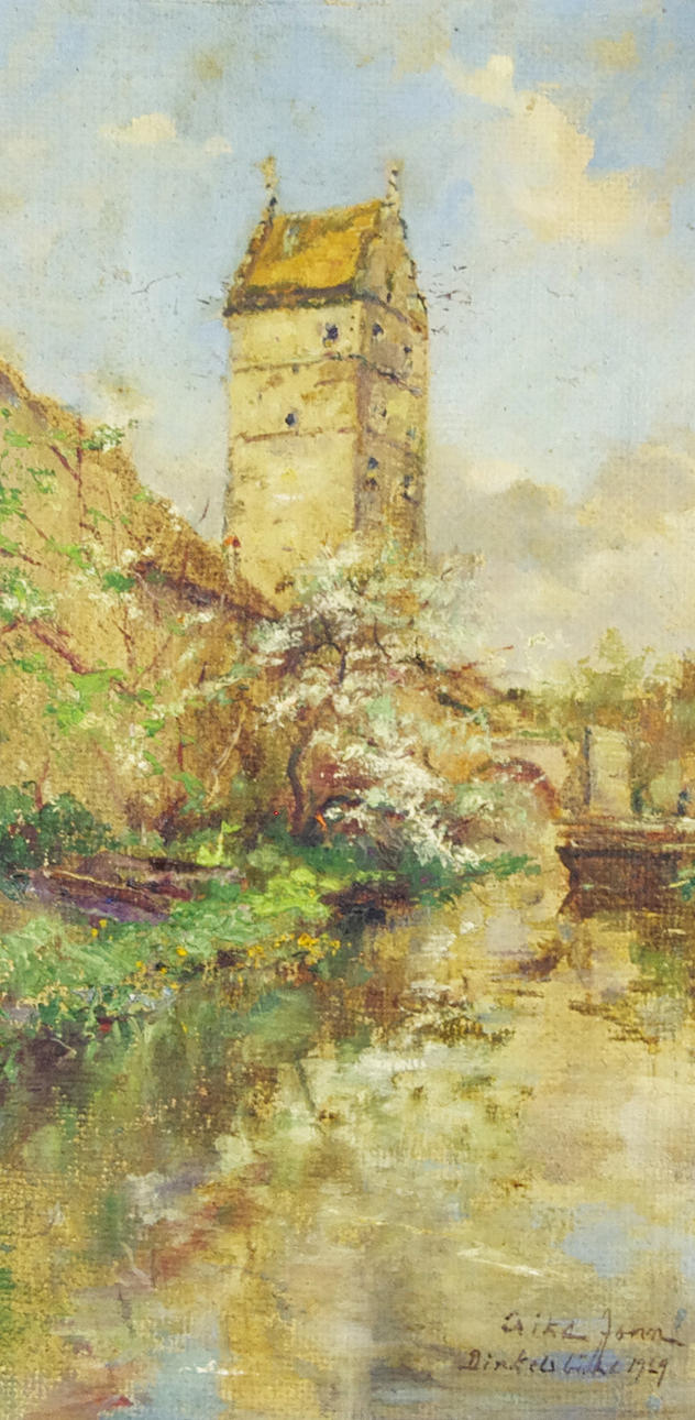 ERIKA JONN. Torn vid vattendrag, olja på duk, signerad 1929.