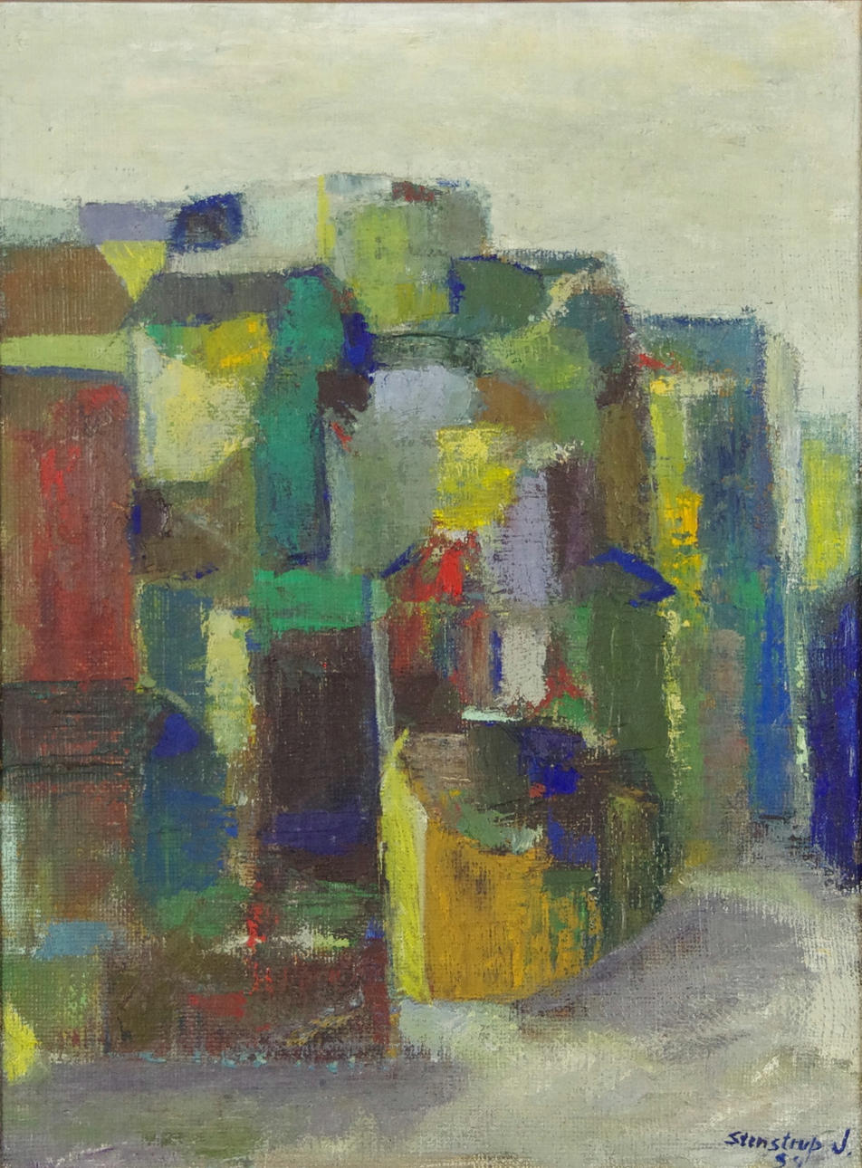 VILLY STENSTRUP JENSEN. Kubistiska hus, olja på duk, signerad Stenstrup J. -59.
