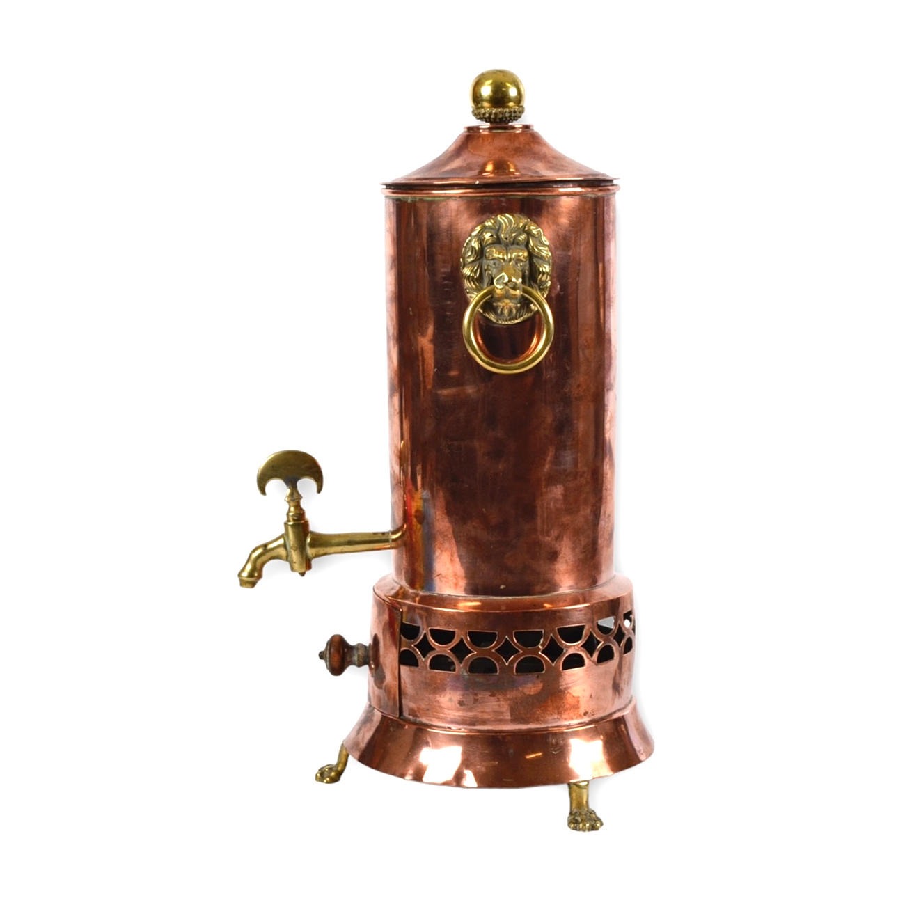 A 20th-century copper and brass coffee maker.