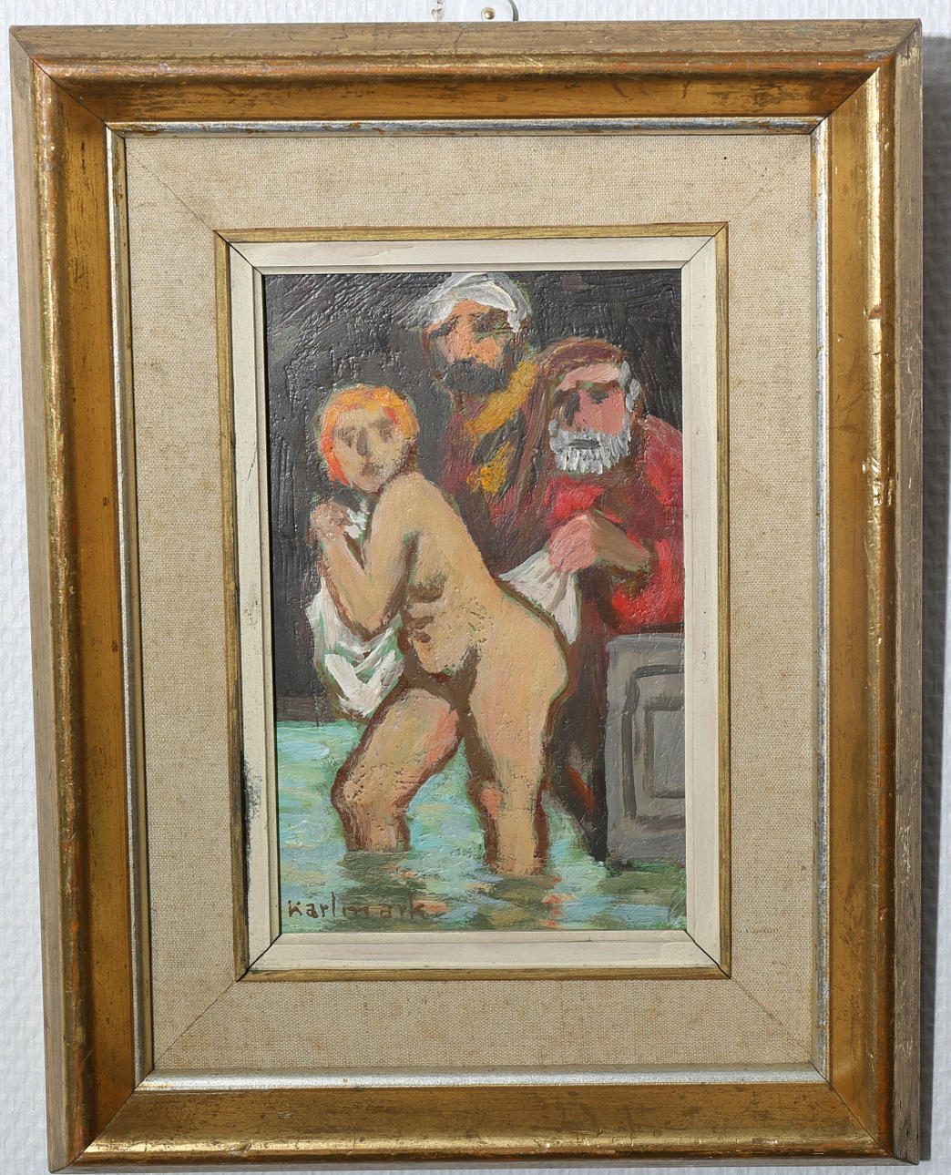 GERHARD KARLMARK. Olja på pannå, Susanna i badet, signerad Karlmark.