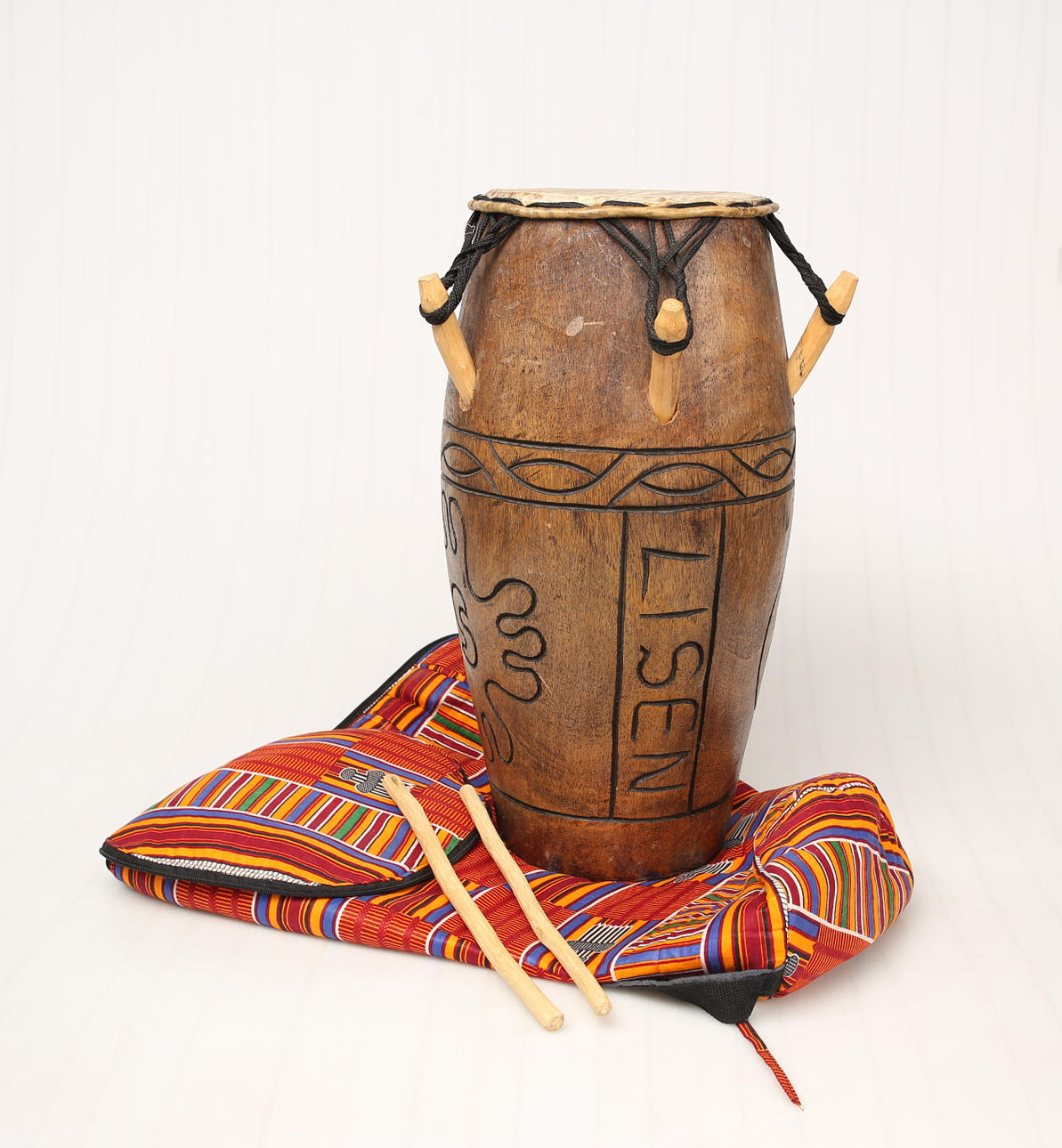 AFRICAN DRUM, with case and drum sticks.