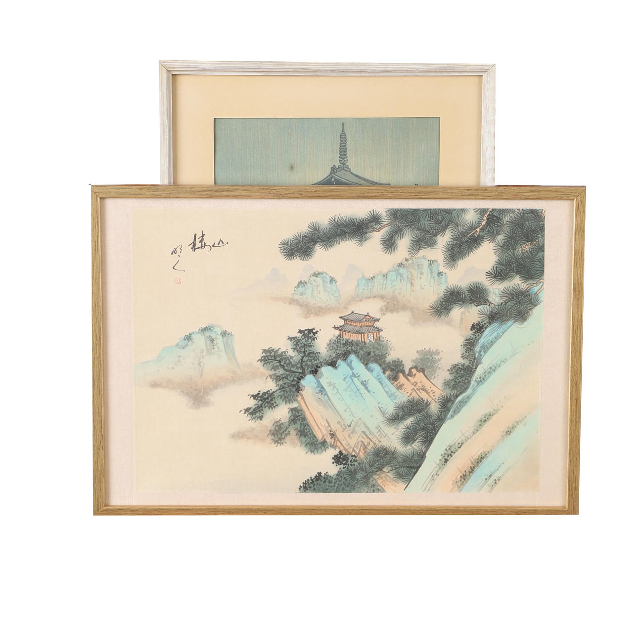 OIDENTIFIERAD KONSTNÄR. Landscape buildings, 2 pieces, Asian, mixed technology, signed with Asian characters.