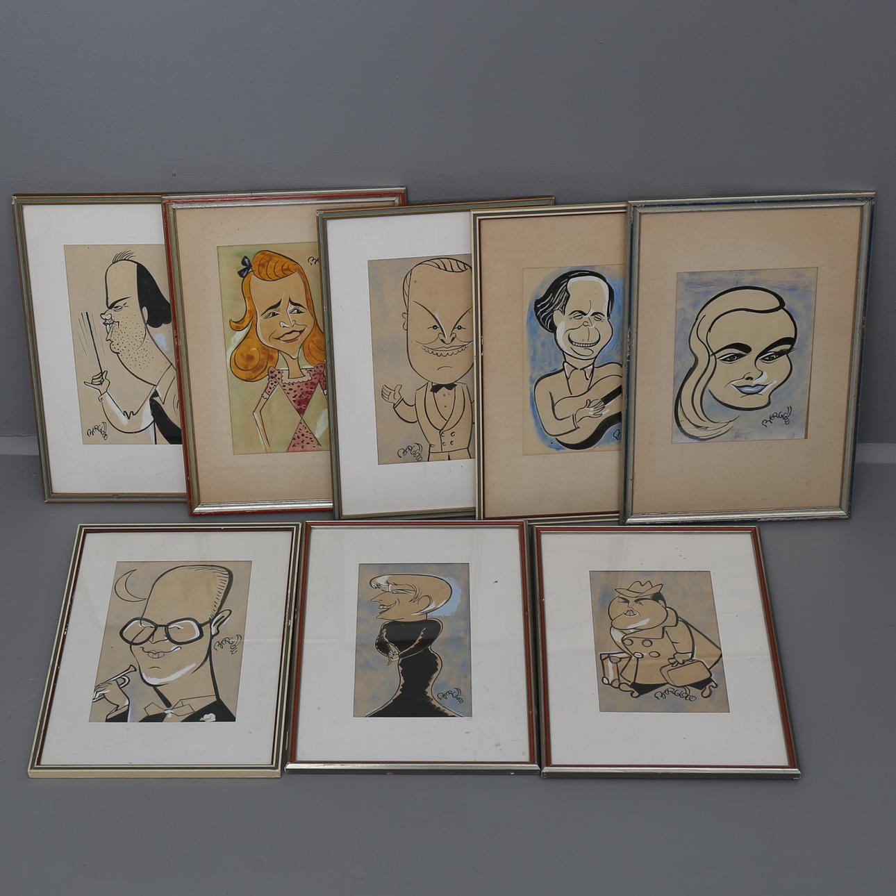 OIDENTIFIERAD KONSTNÄR. Parti tavlor, 8 st, karikatyrer på kända personer, blandtekniker, signerade.