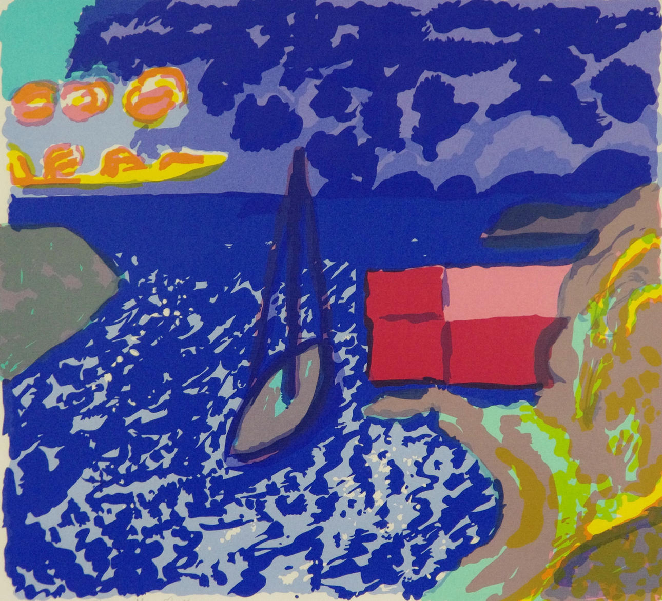 INGE SCHIÖLER. Kustparti med segel åt, färglitografi, signerad.