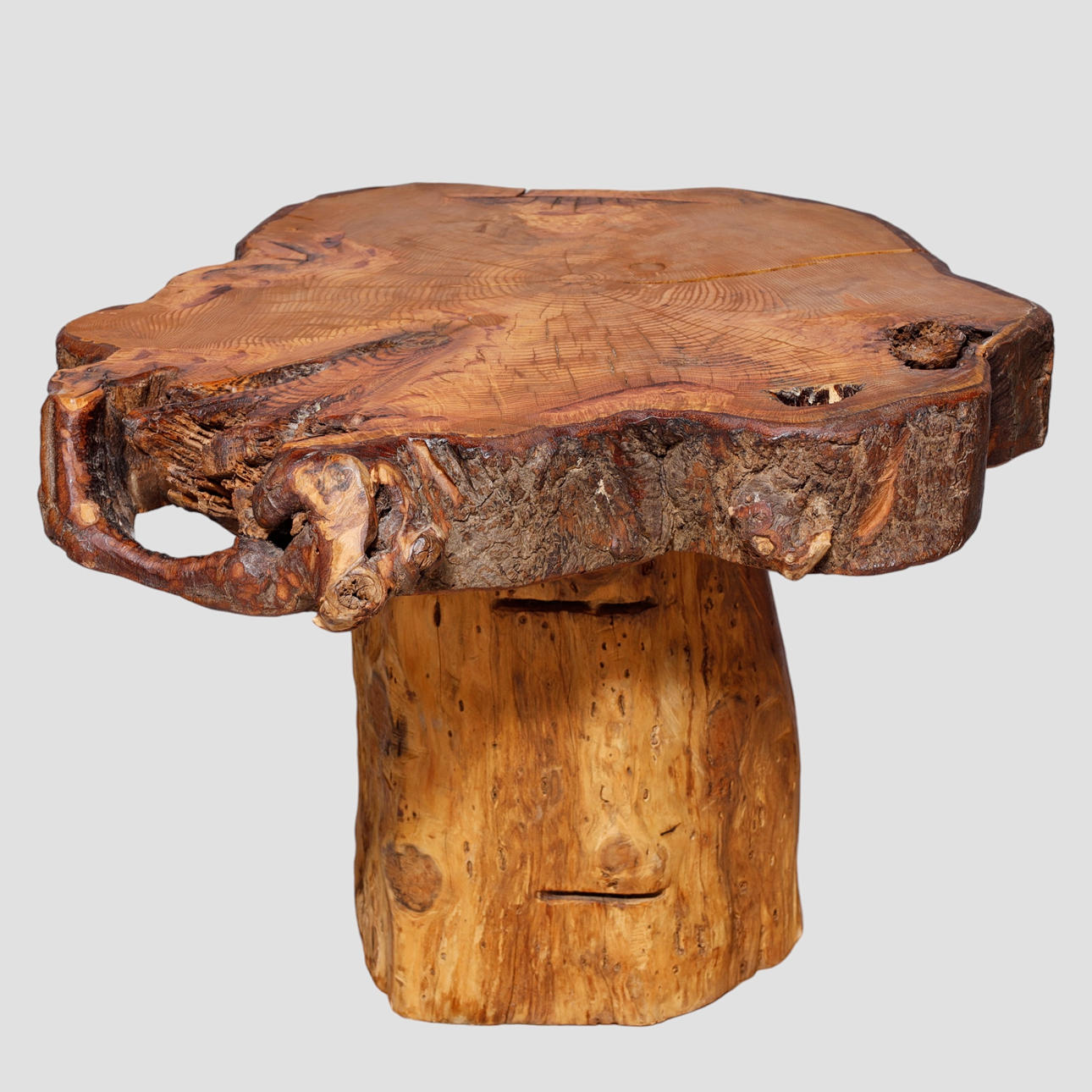 Brutalist coffee table, wooden root table top, 1900's.