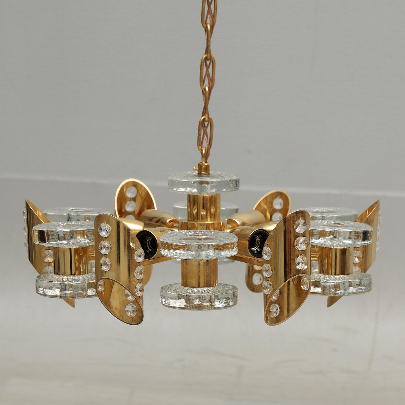 A brass and glass ceiling lamp, Eriksmåla,, electrically mounted.