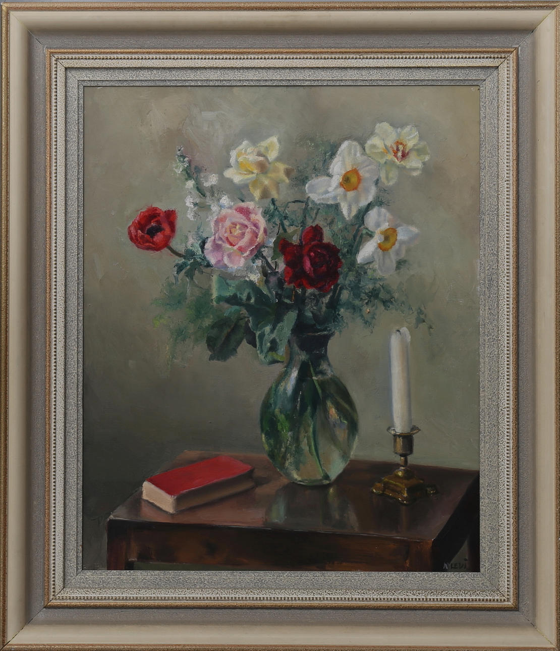 NATHALIE LEVI. Stilleben med blomvas och ljusstake, olja på duk, signerad N Levi.