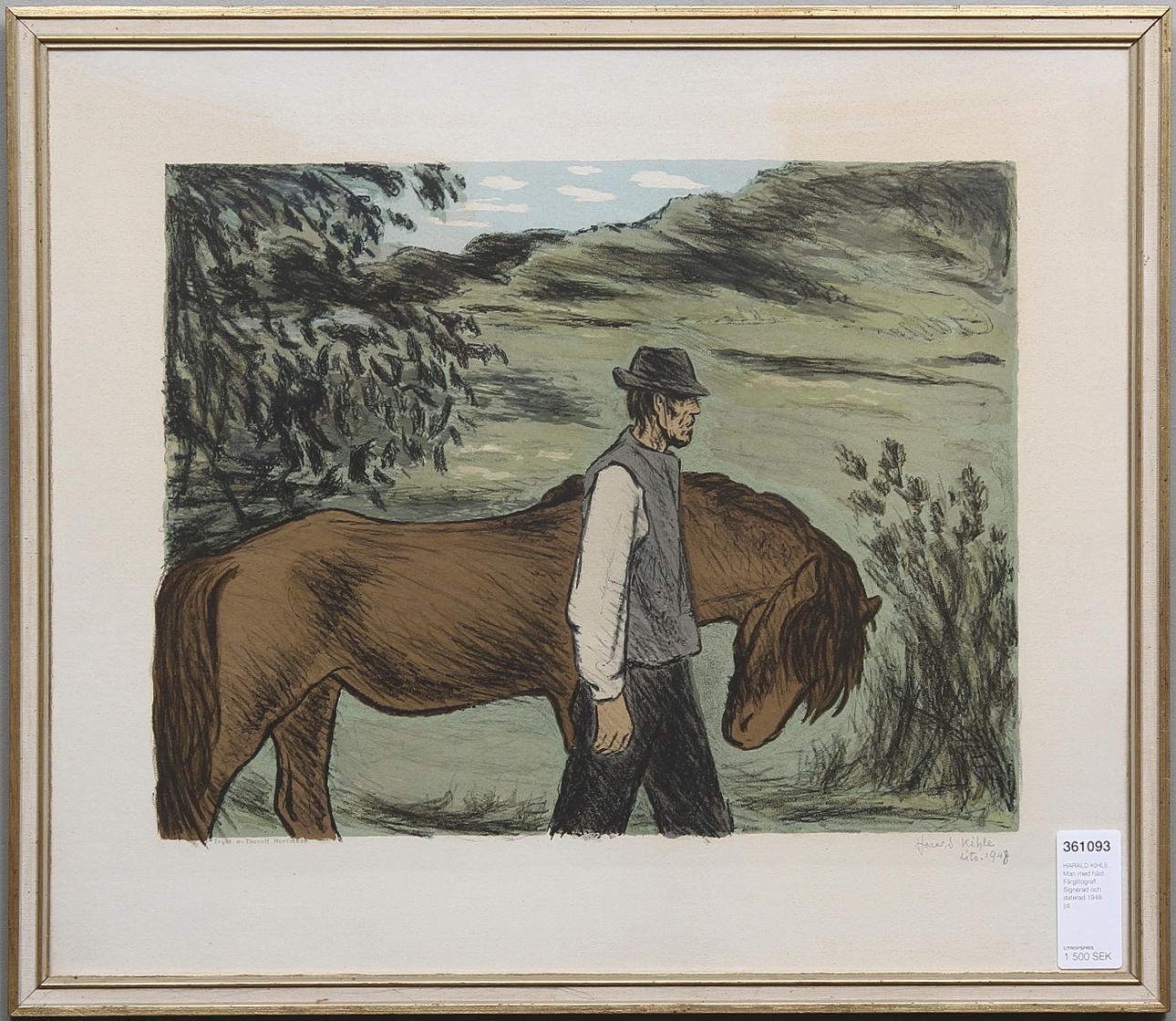 HARALD KIHLE. Man med häst. Färglitografi. Signerad och daterad 1948.