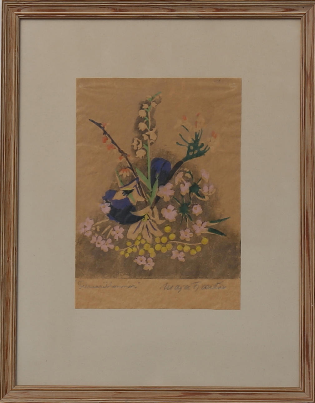 MAJA FJAESTAD. "Februariblommor", träsnitt, signerad.