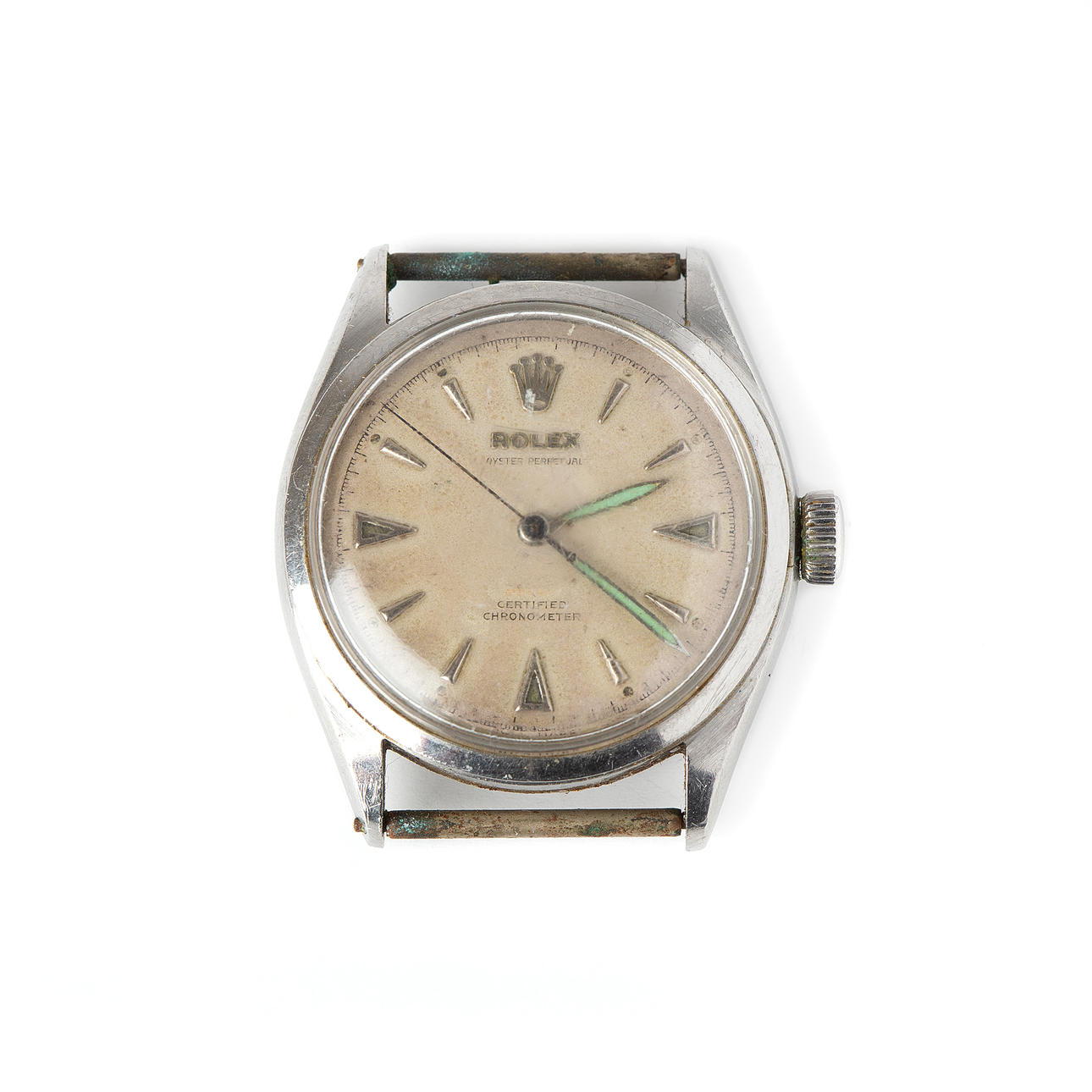 A Rolex, a 1950s steel Bubbleback wristwatch.