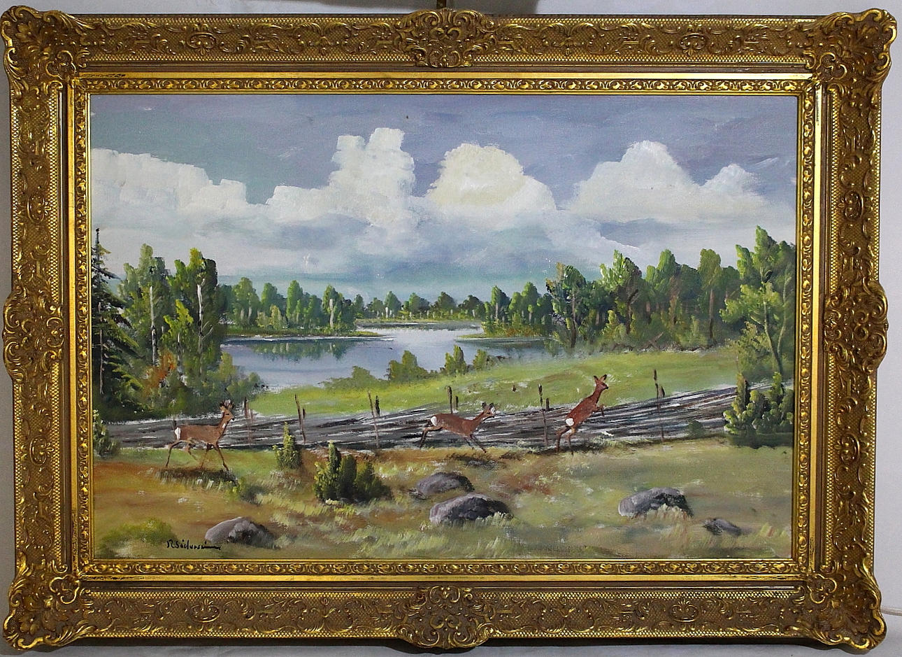 RAGNAR EGRON SÖDERSTRÖM. olja på duk, " landskap med rådjur " signerad R. Söderström.