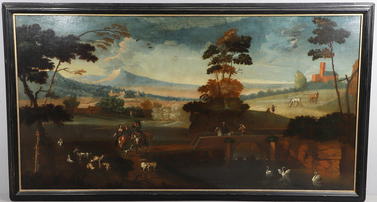 CIRCLE OF JAN WYCK (1645-1700). ITALIANATE SCENE WITH FIGURES AND LIVESTOCK BY A BRIDGE IN AN EXTENSIVE LANDSCAPE.