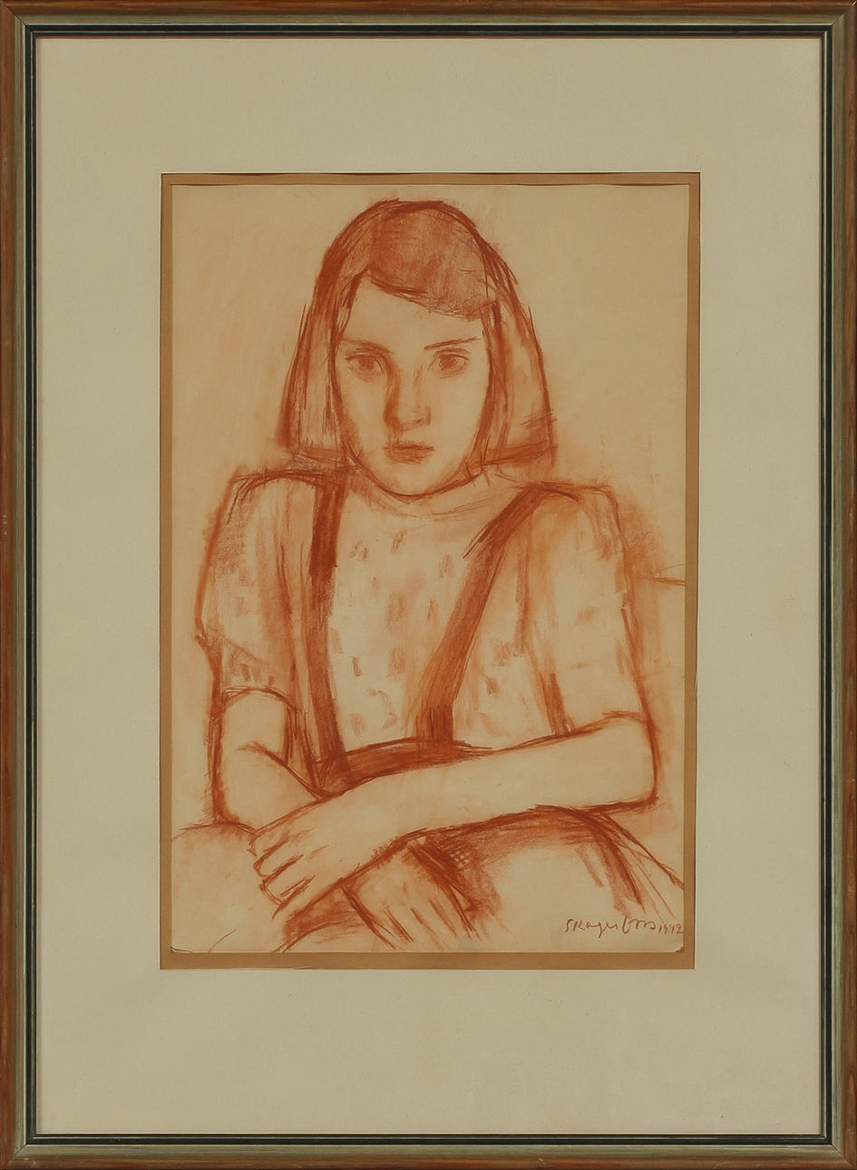 OLLE SKAGERFORS. Flickporträtt, rödkrita, signerad och daterad 1942.