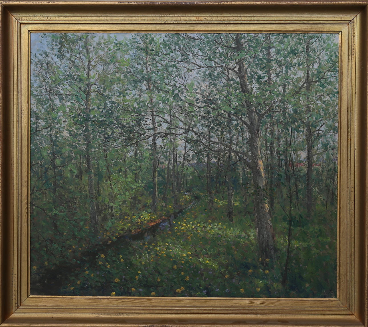 BIRGER HJELM. Skogslandskap med ängsbollar, olja på pannå, signerad.