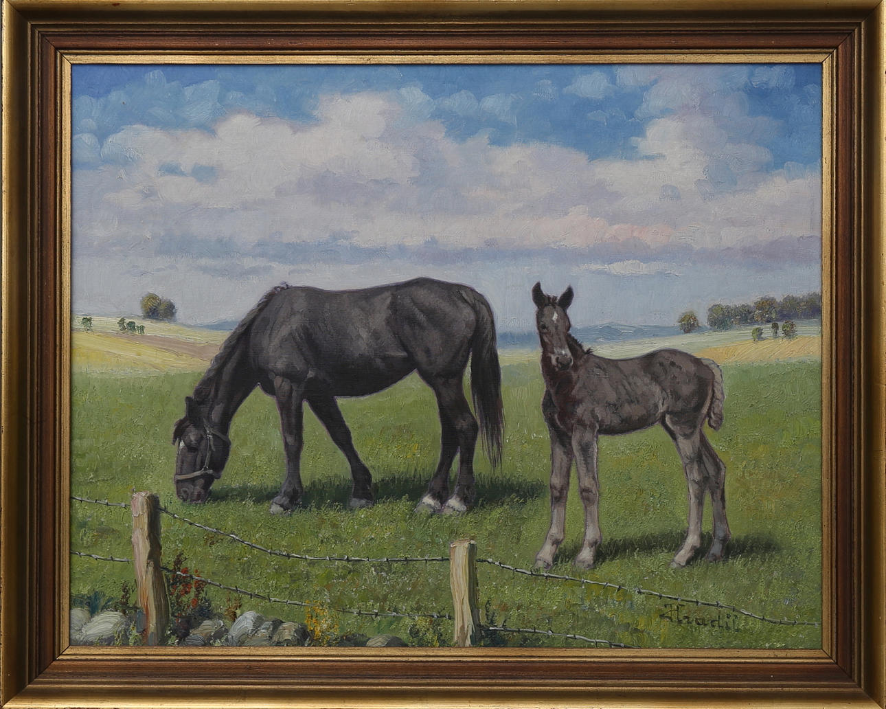 BÉLA HRADIL. Hästar i hage, olja på duk, signerad Hradil.