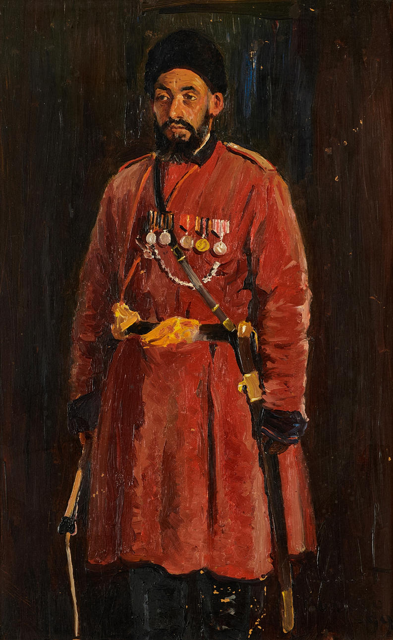 ALEXANDER LANGLET (1870–1953). Soldier, Uzbekistan, signed and dated “a L-T Kokand -99", oil on panel.