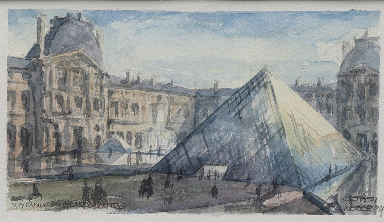 OIDENTIFIERAD KONSTNÄR. watercolour, “La Pyramide grande Louvre”, signed.