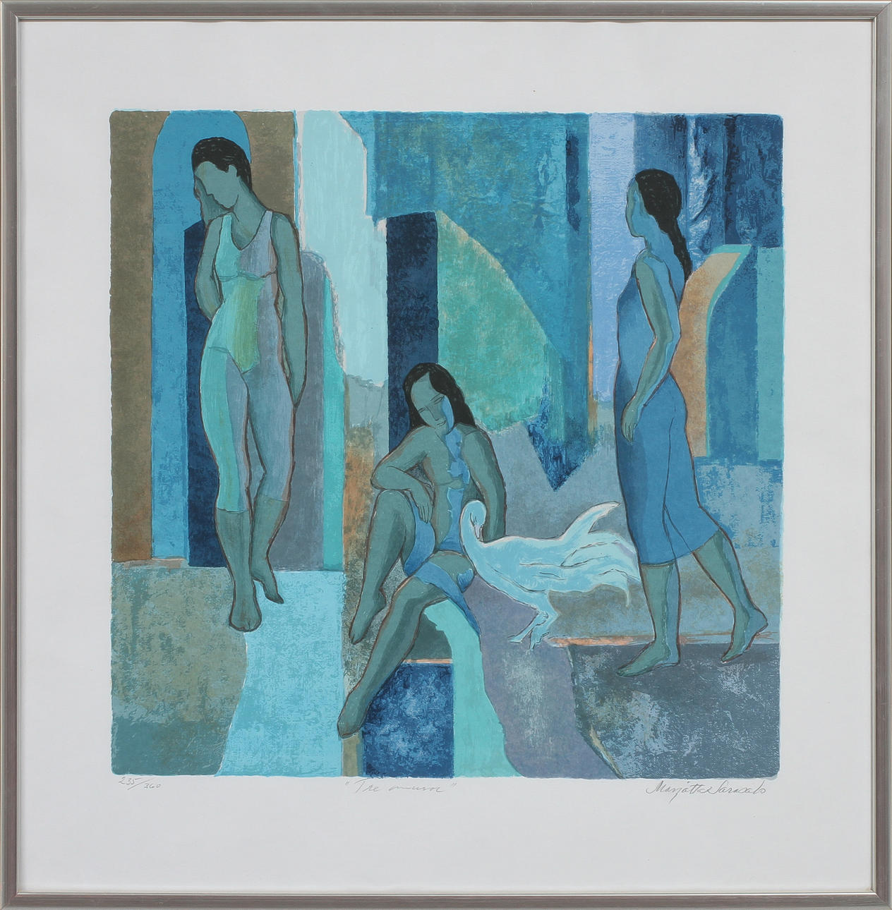 MARJATTA SARASALO. "Tre musor", färglitografi, signerad och numrerad 235/360.