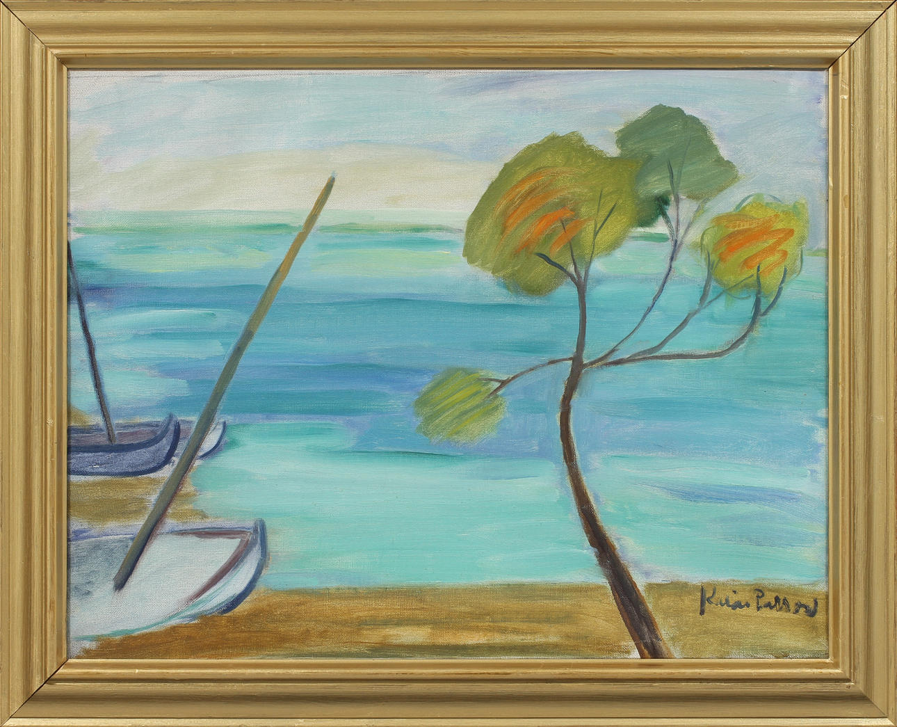 KARIN PARROW. Båtar vid italiensk kust. Olja på duk, signerad.