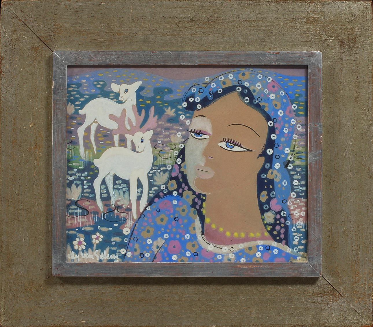 ALY BEN SALEM. Kvinna och hjortar. Gouache, signerad.