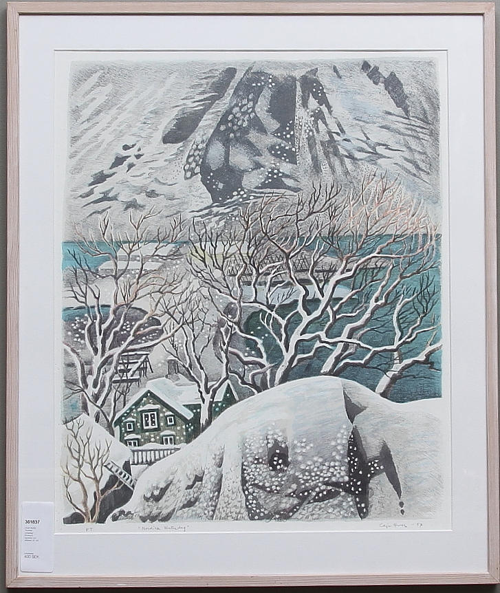 CAJE HUSS. "Nordisk vinterdag". Provtryck, signerad och daterad -87.