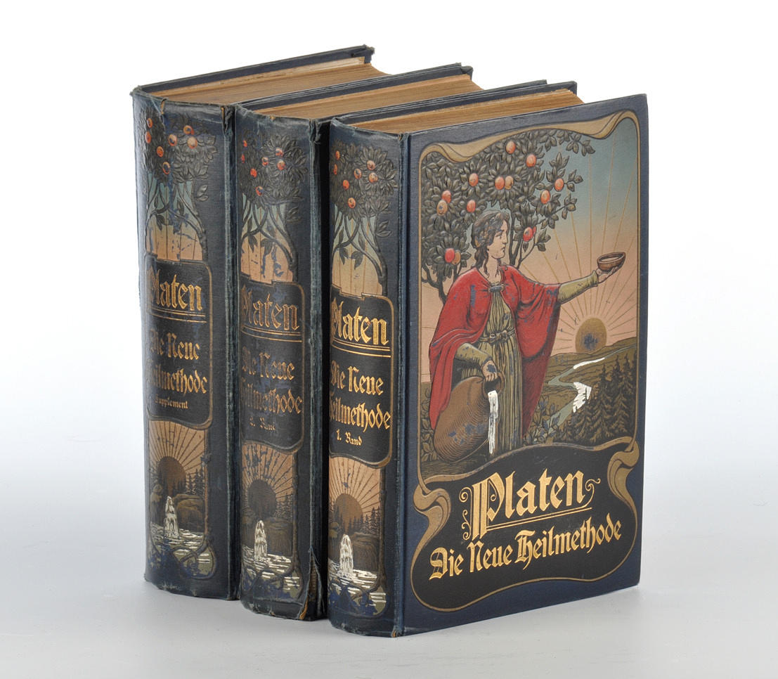 M. PLATEN, DIE NEUE HEILMETHODE. 3 volymer, polykrom Art Nouveau präglat tryck.