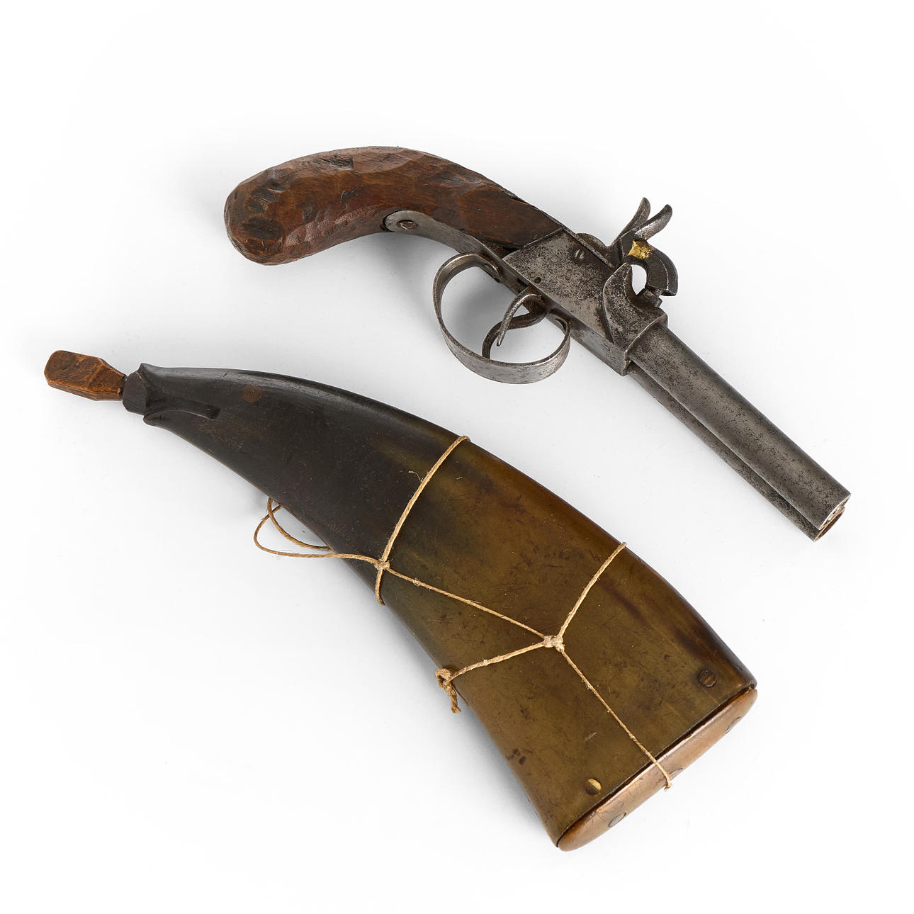 SLAG-LOCK PISTOL, double-barreled and KRUTHORN (horn, in the shape of a ...