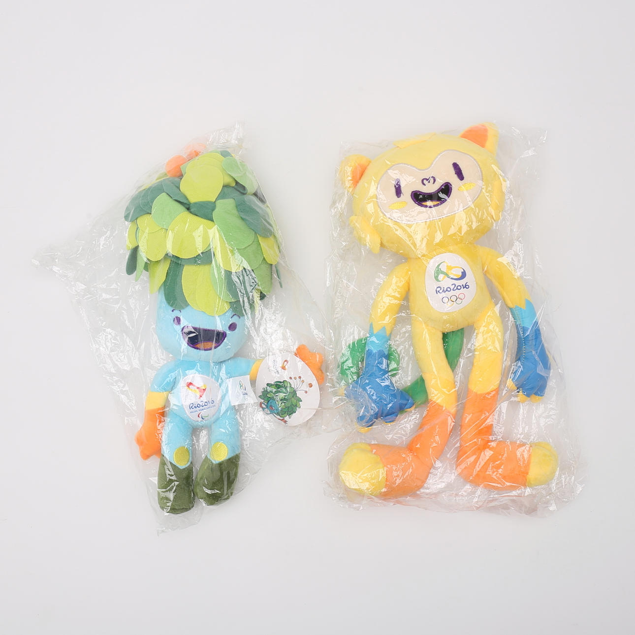 2 plush 'Vinicius' and 'Tom' mascots, official mascots for the Olympic and Paralympic Games in Rio, 2016.