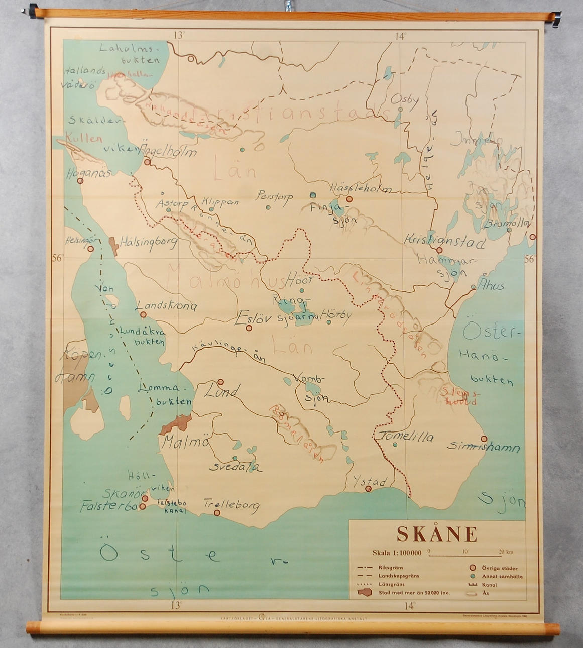 SKOLKARTA, Skåne, Generalstabens litografiska anstalt Stockholm 1962, 165 x 137 cm.
